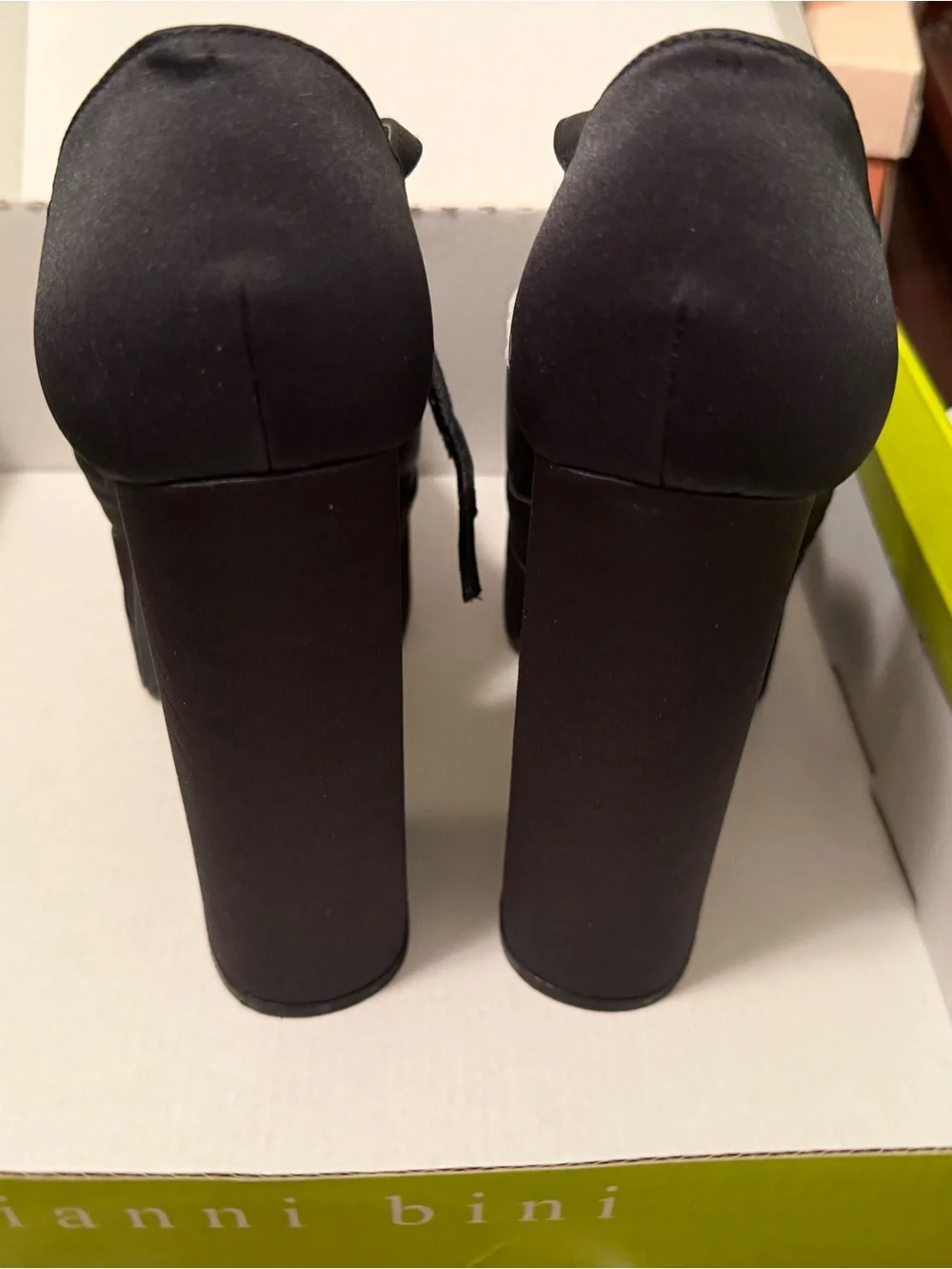 Gianni Bini Black Satin Square Toe Platform Mary Jane Heels